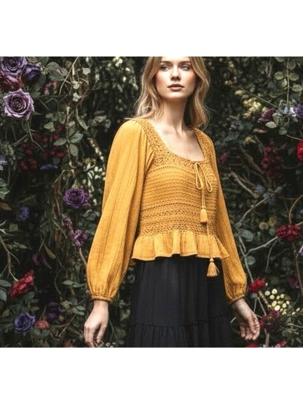 American Eagle Mustard Yellow Peplum Crochet Tie-Front Top
